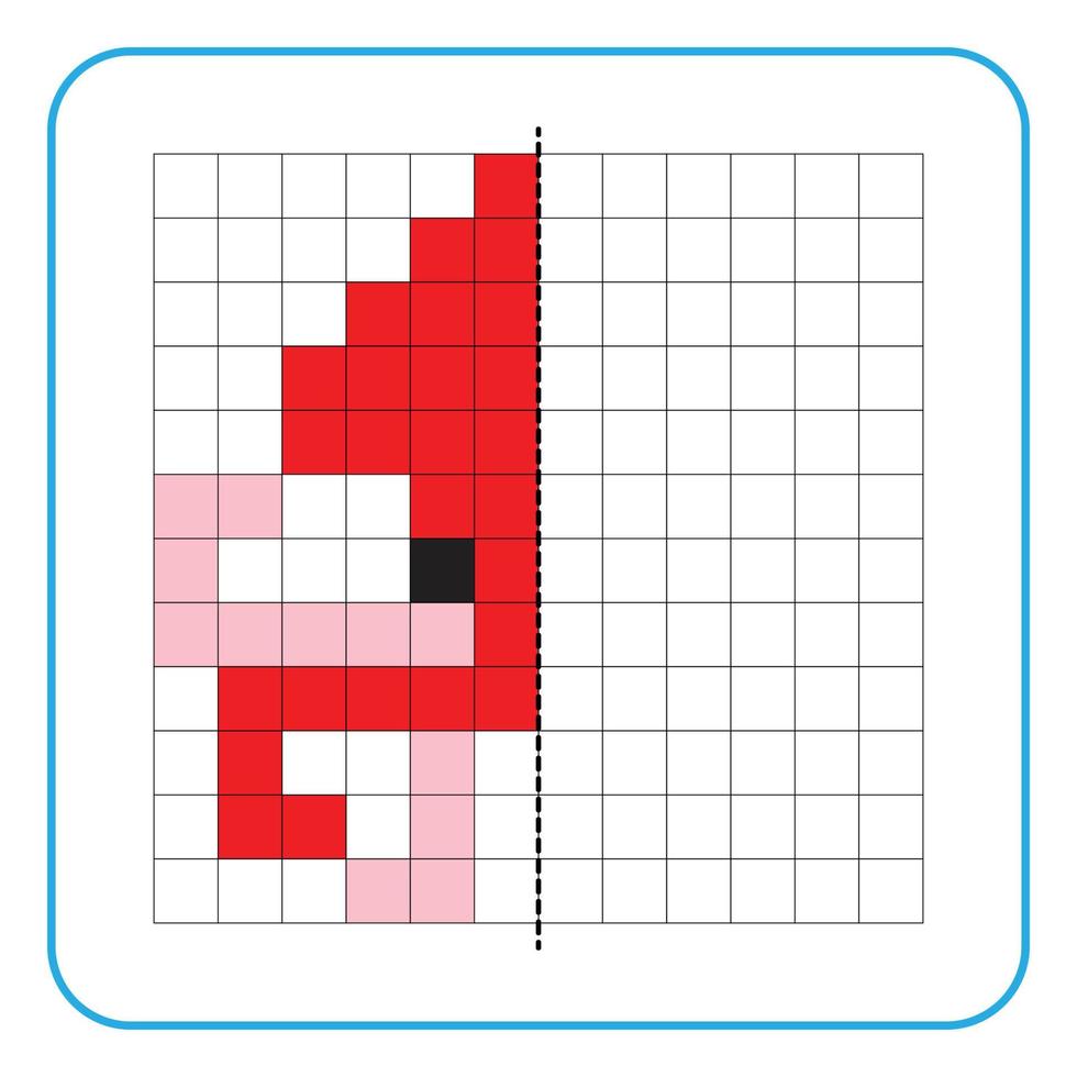 bild reflektion pedagogiskt spel för barn. lära dig att fylla i symmetriarbetsblad för förskoleverksamhet. målarbilder, visuell perception och pixelkonst. slutföra bilden av röd bläckfisk. vektor