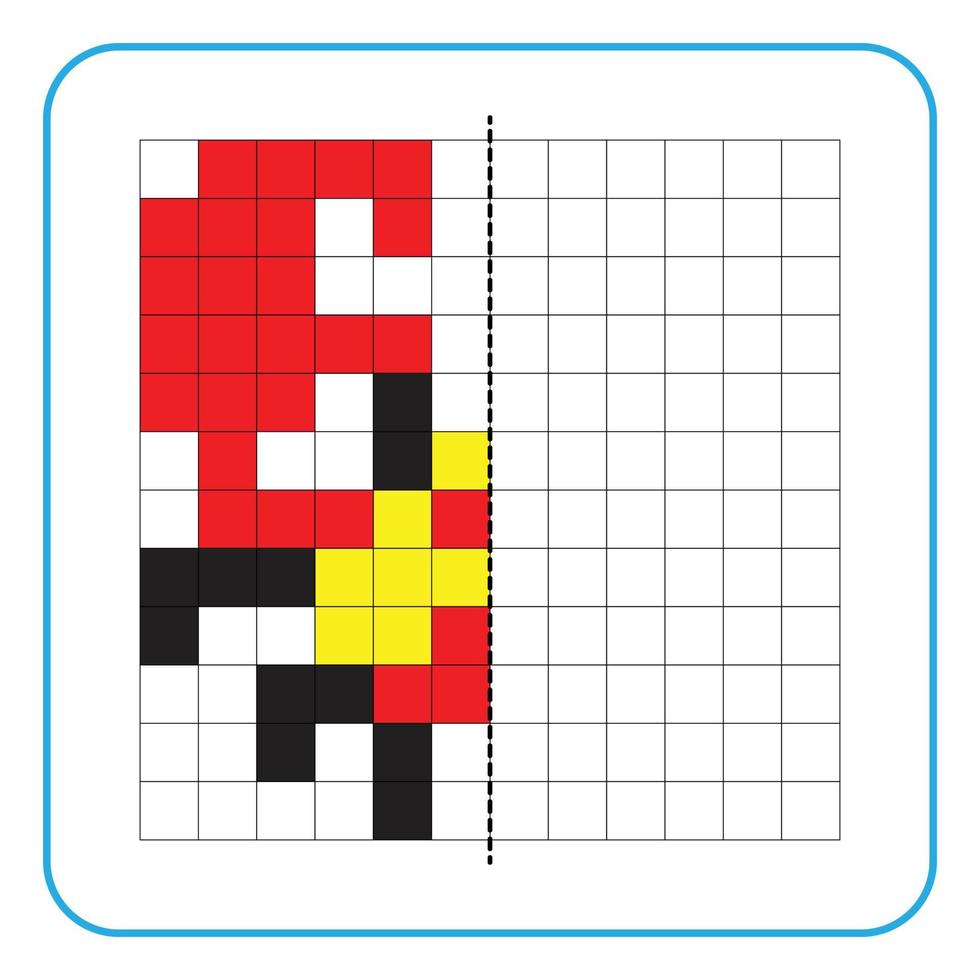 bild reflektion pedagogiskt spel för barn. lära dig att fylla i symmetriarbetsblad för förskoleverksamhet. målarbilder, visuell perception och pixelkonst. slutföra bilden av den röda klokrabban. vektor