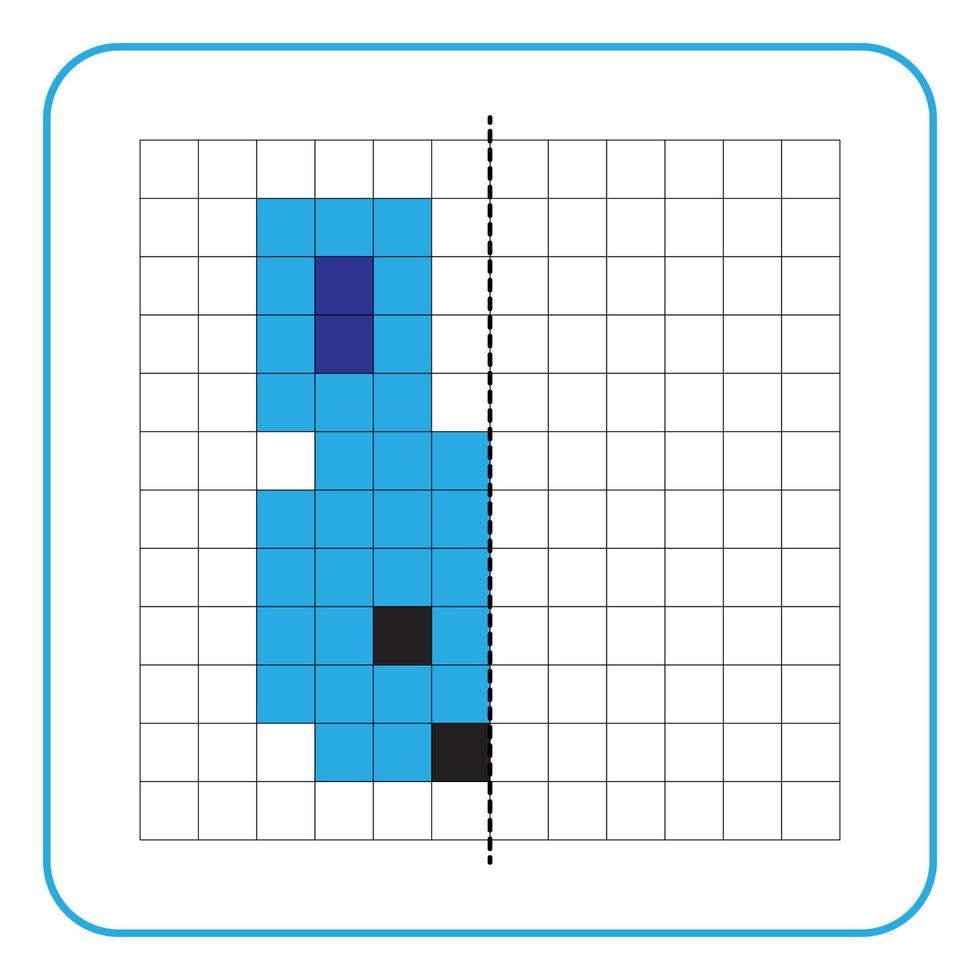 Bildreflexion Lernspiel für Kinder. lernen, Symmetrie-Arbeitsblätter für Vorschulaktivitäten auszufüllen. Ausmalen von Rasterseiten, visuelle Wahrnehmung und Pixelkunst. Beende die Hasengesichtszeichnung. vektor