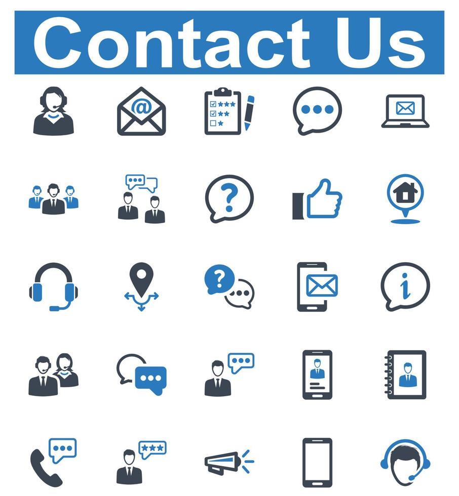 Kontaktieren Sie uns Icon Set - Vektor-Illustration. Kontaktieren Sie uns, Kundensupport, Kundenservice, Kundenzufriedenheit, Kunde, Feedback, Überprüfung, Antwort, FAQ, Frage, Berater, Symbole . vektor