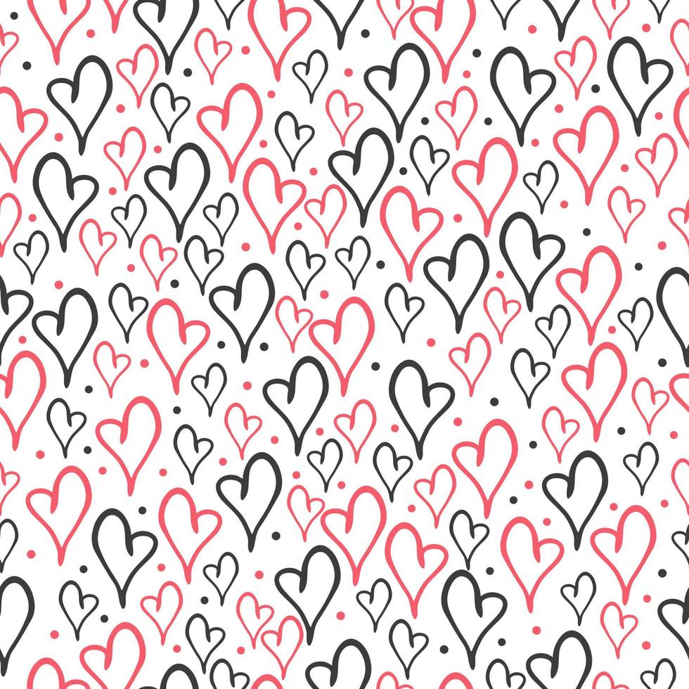 handritad doodle röda och svarta hjärtan seamless mönster på vit bakgrund. vektor illustration