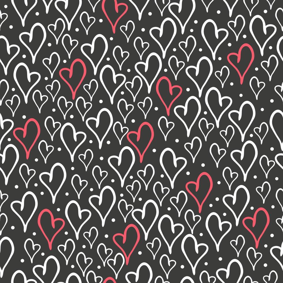 handritad doodle röda och vita hjärtan seamless mönster på svart bakgrund. vektor illustration