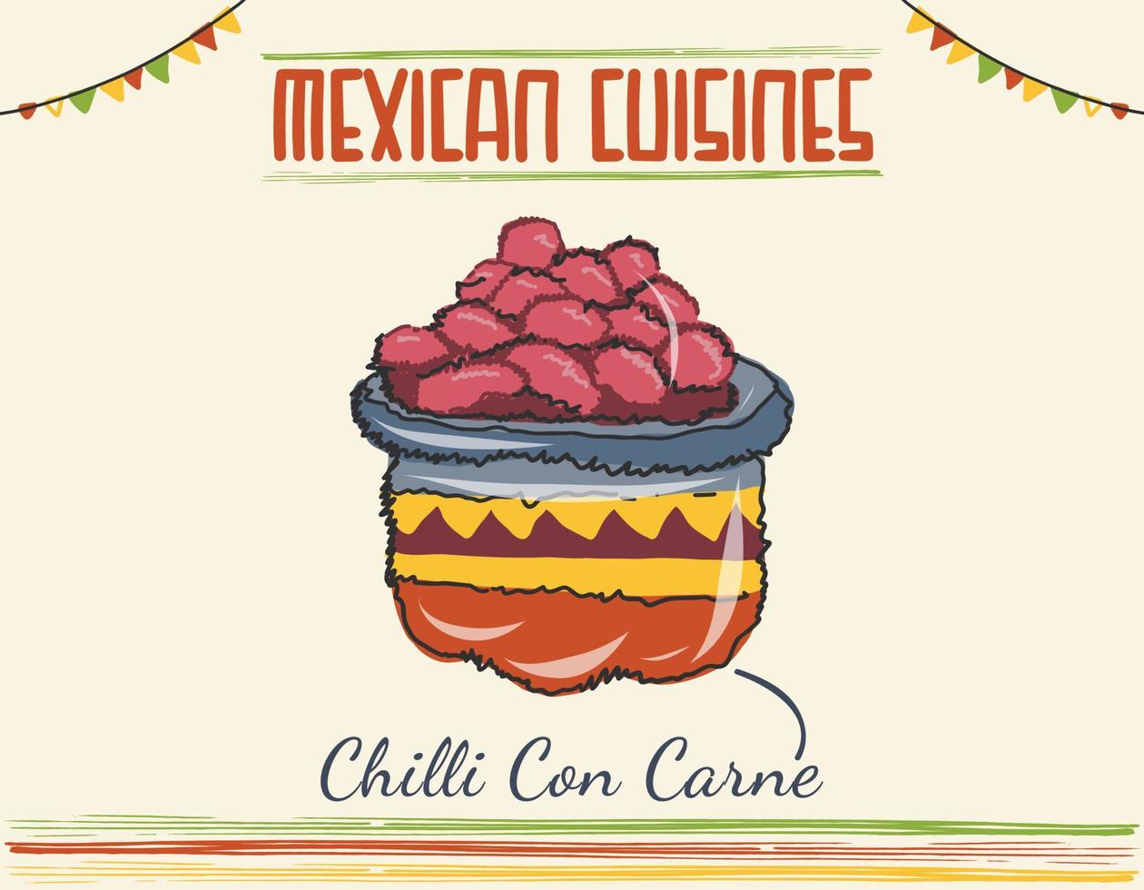 chili con carne i skål med sked - mexikansk traditionell mat. en mexikansk isolerad maträtt färgad vektor doodle. set med mexikansk mat.