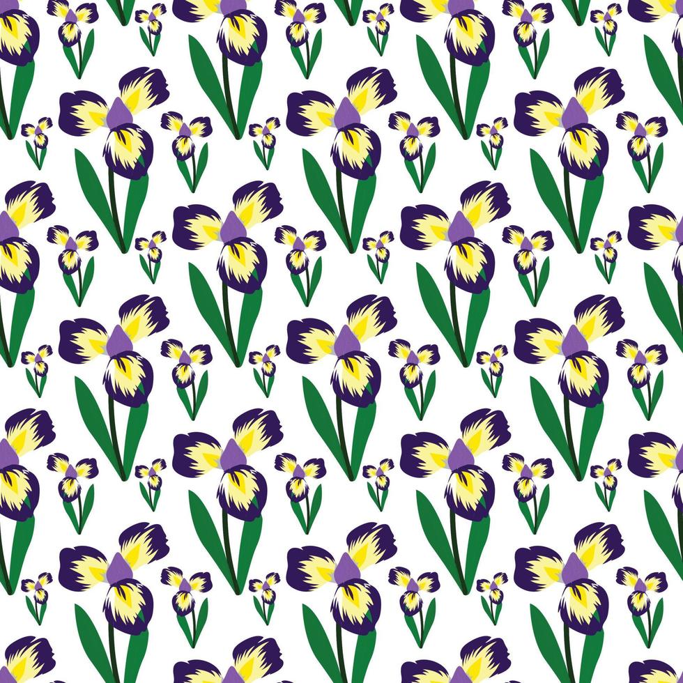 Irisblume und Blätter nahtloses Musterdesign mit weißem Hintergrund vektor