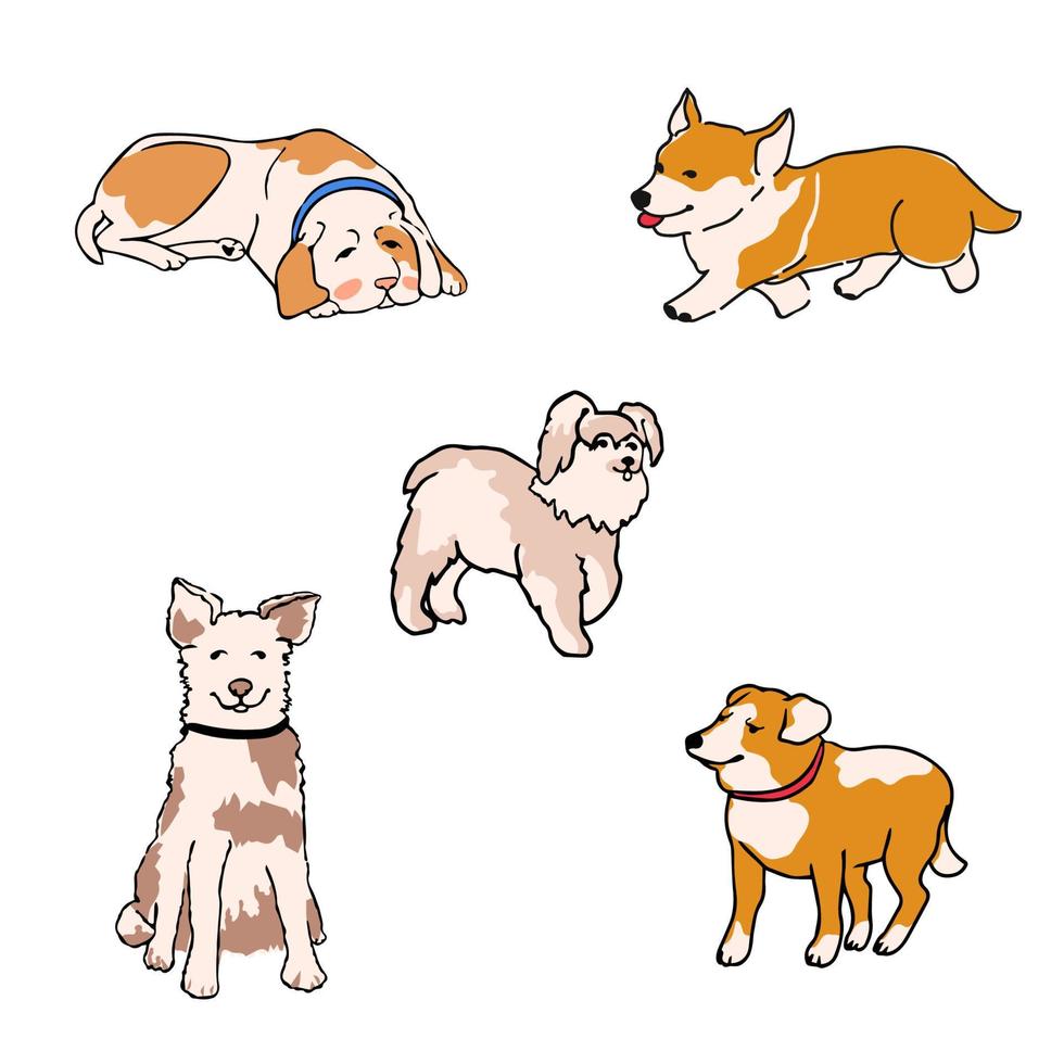 Vektorset mit bunten Illustrationen mit Hunden verschiedener Rassen. kann für Postkarten, Banner, T-Shirt-Druck, Einladungen, Grußkarten, Poster verwendet werden vektor