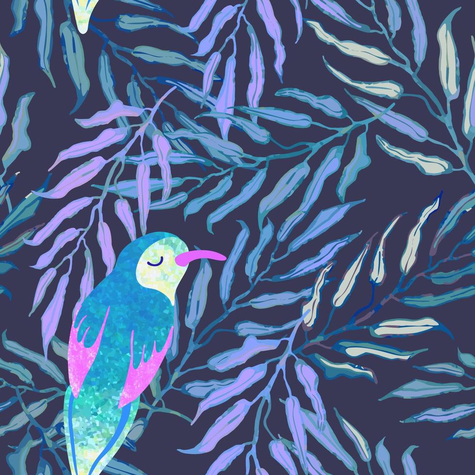 Vektor nahtlose Hintergrund mit bunten Aquarell-Illustration von Palmblättern und Vögeln. kann für Tapeten, Musterfüllungen, Webseiten, Oberflächenstrukturen, Textildruck, Geschenkpapier verwendet werden