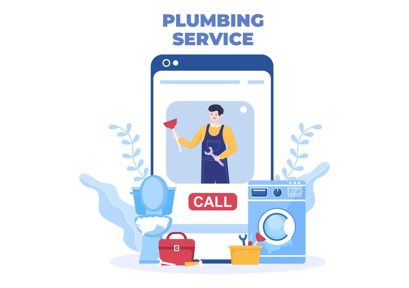 online VVS-tjänst med rörmokare reparation, underhåll fix hem och rengöring badrumsutrustning i platt bakgrundsillustration vektor