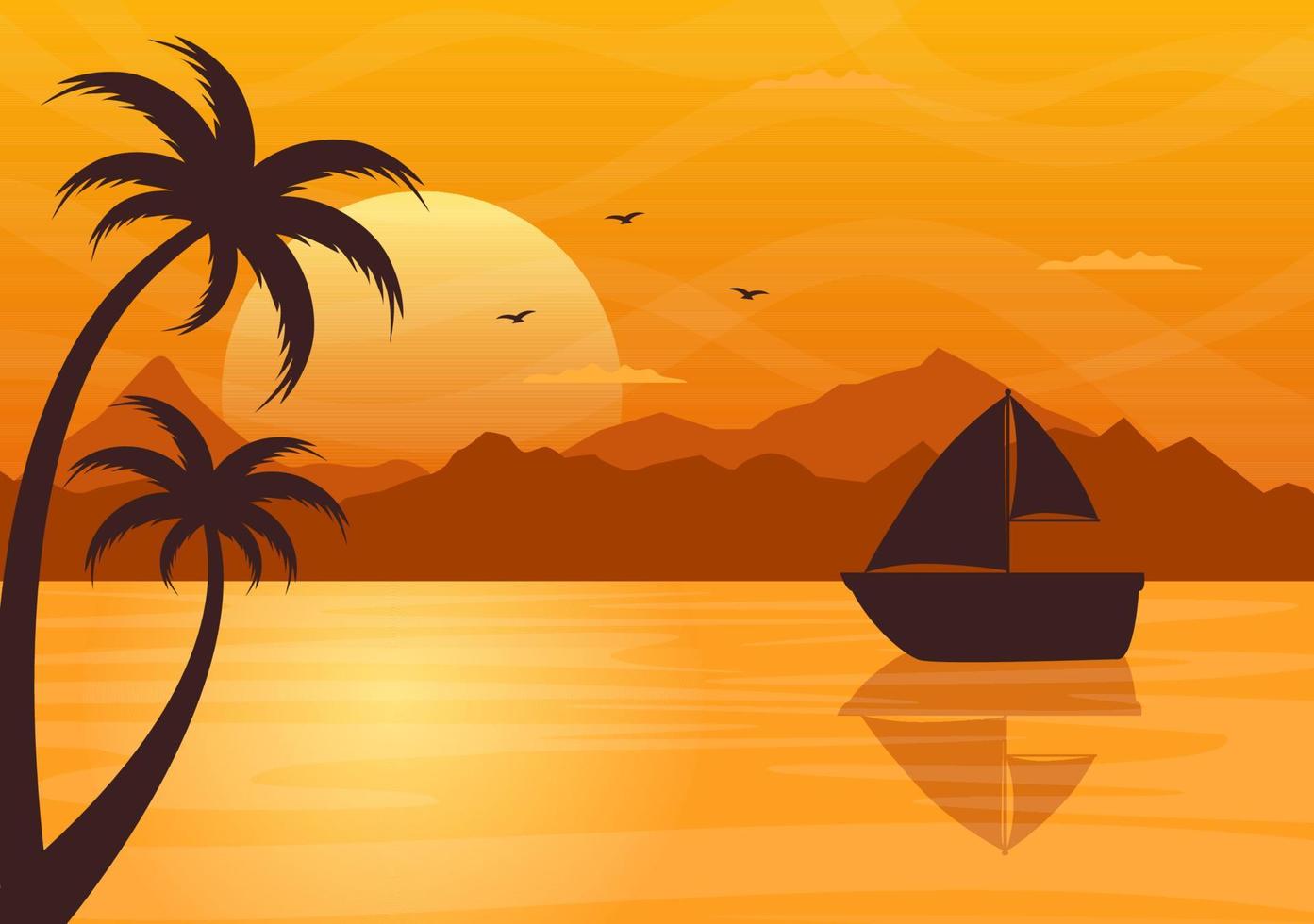 havets solnedgångslandskap av solen över havet med moln, vattenyta, palmträd och strand i platt bakgrundsillustration för affisch, banderoll eller bakgrund vektor