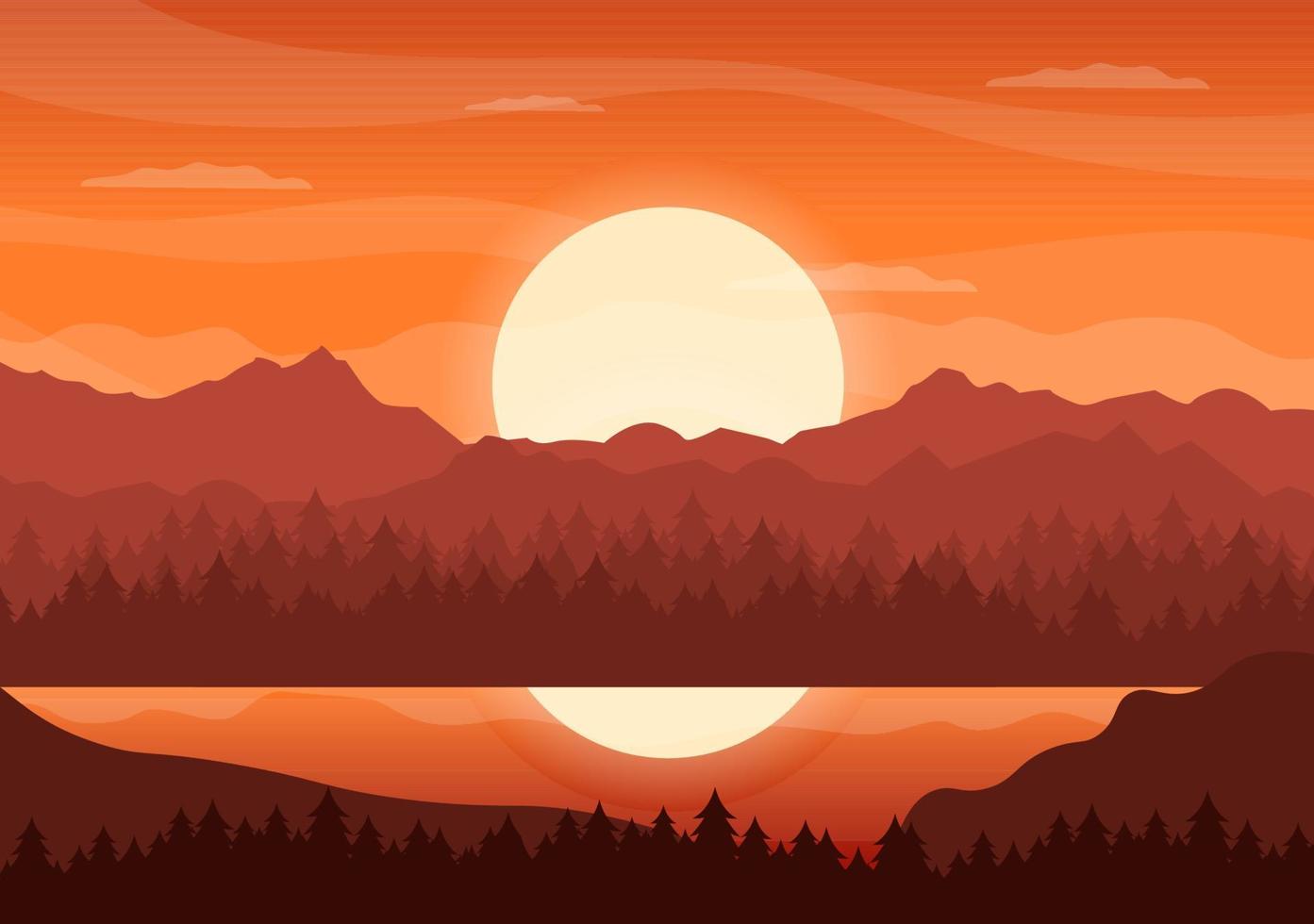 Sonnenuntergangslandschaft von Bergen, Wildnis, Sand, See und Tal in flacher wilder Natur für Poster, Banner oder Hintergrundillustration vektor