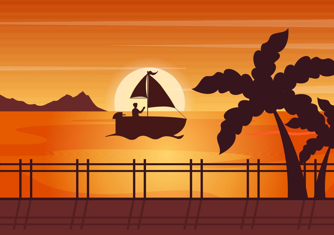 Meer Sonnenuntergang Landschaft der Sonne über dem Ozean mit Wolken, Wasseroberfläche, Palme und Strand in flacher Hintergrundillustration für Poster, Banner oder Hintergrund vektor