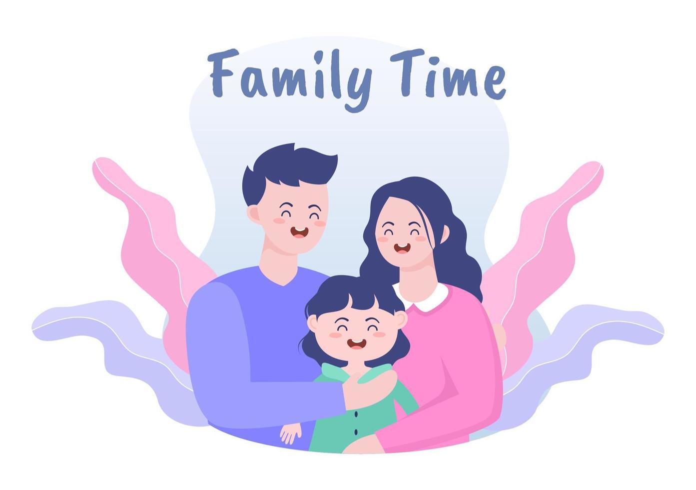 familjetid med glada föräldrar och barn som spenderar tid tillsammans hemma och gör olika avkopplande aktiviteter i tecknad platt illustration för affisch eller bakgrund vektor