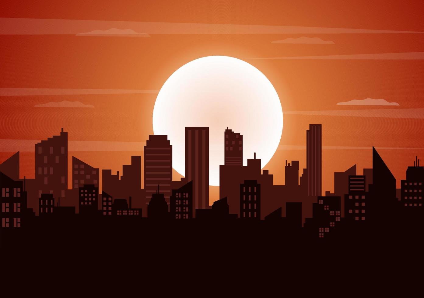 Sonnenuntergang moderne Skyline-Landschaft der Stadt mit orangefarbenem Himmel von Stadtgebäuden und Stadtbild-Himmel in flacher Illustration für Poster, Banner oder Hintergrund vektor