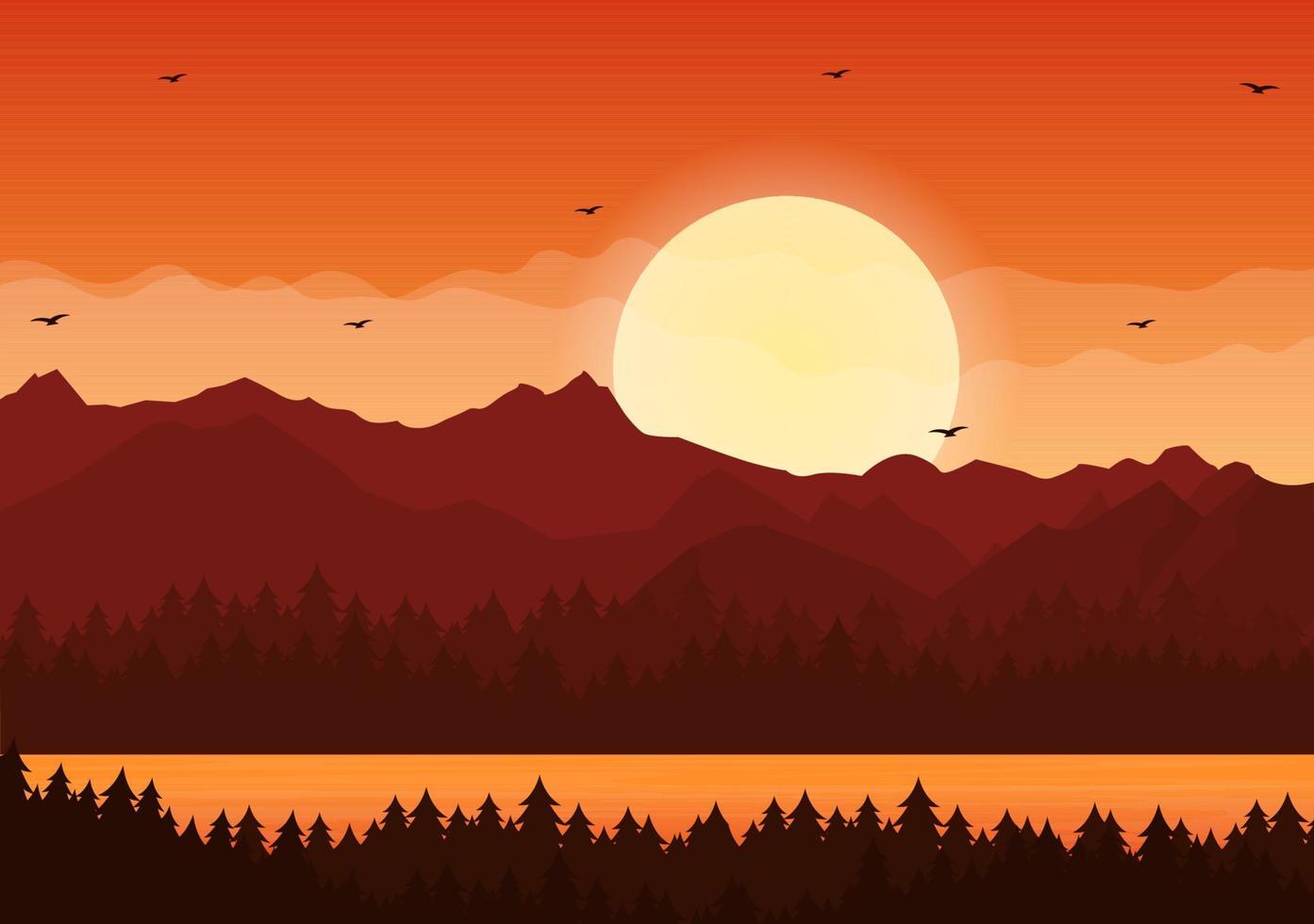 Sonnenuntergangslandschaft von Bergen, Wildnis, Sand, See und Tal in flacher wilder Natur für Poster, Banner oder Hintergrundillustration vektor