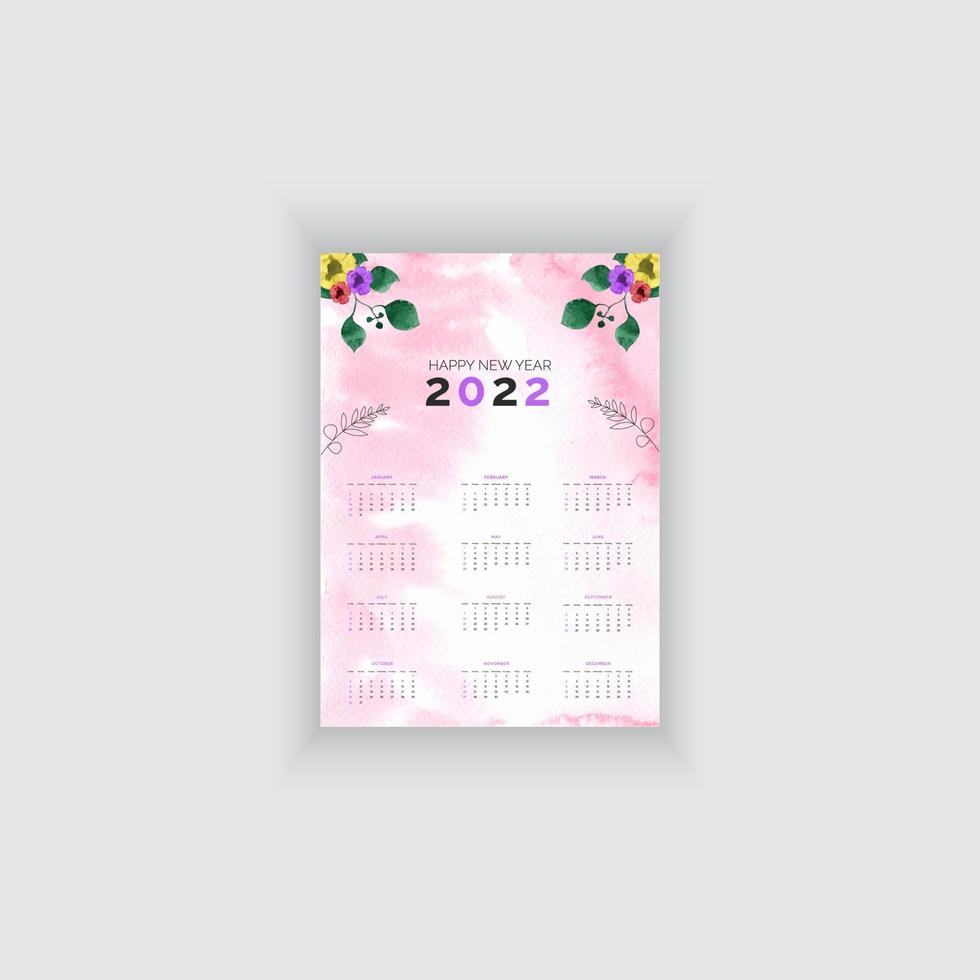 eine Seite Aquarell Hintergrund Kalender-2022 Vorlage. benutzerdefinierte, saubere und elegante Vektor-Pro-Vorlage vektor