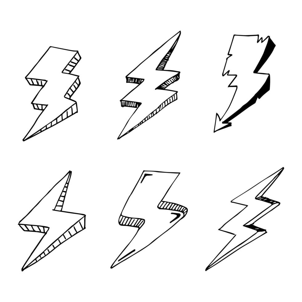 Set Doodle elektrische Blitzsymbol Skizze Illustrationen. Donner, Vektorillustration vektor