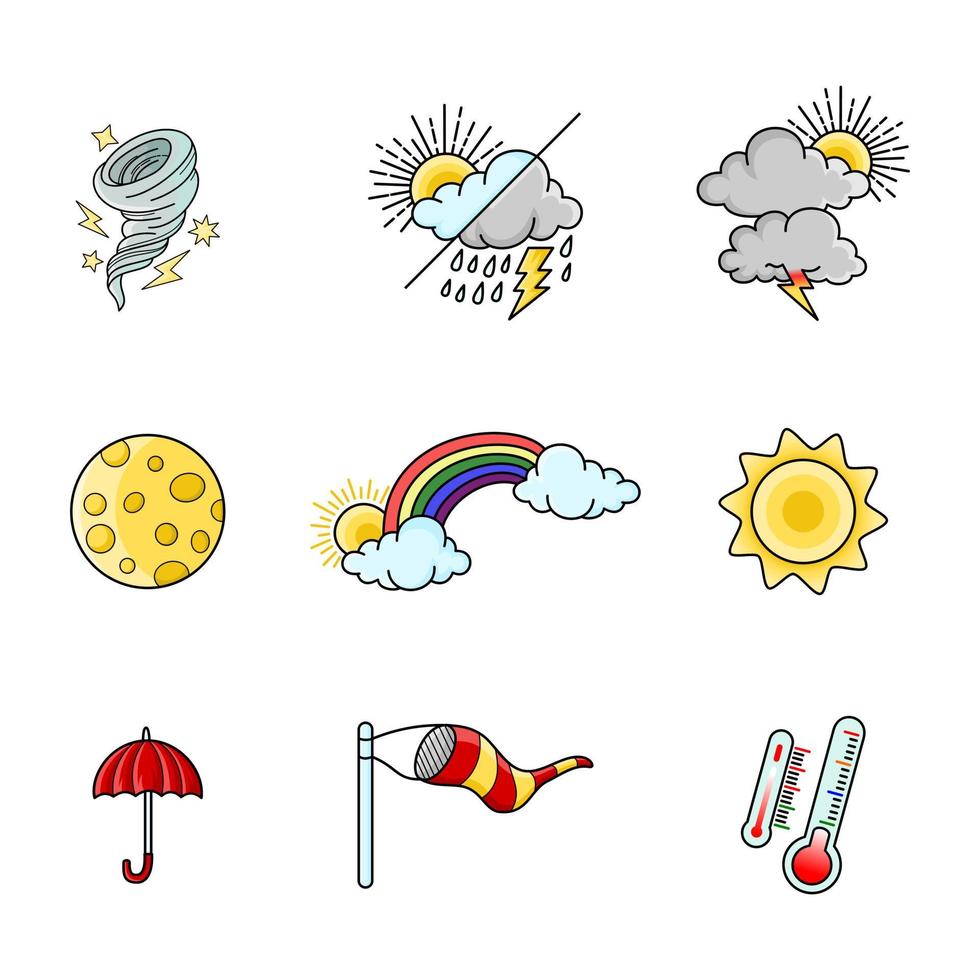 Wetter-Doodle-Vektor-Set-Illustration mit Hand zeichnen Linie Kunst-Stil Vektor, Stern, Sonne vektor