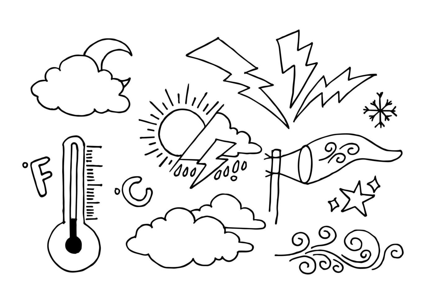 Wetter-Doodle-Vektor-Set-Illustration mit Hand zeichnen Linie Kunst-Stil Vektor, Stern, Sonne vektor