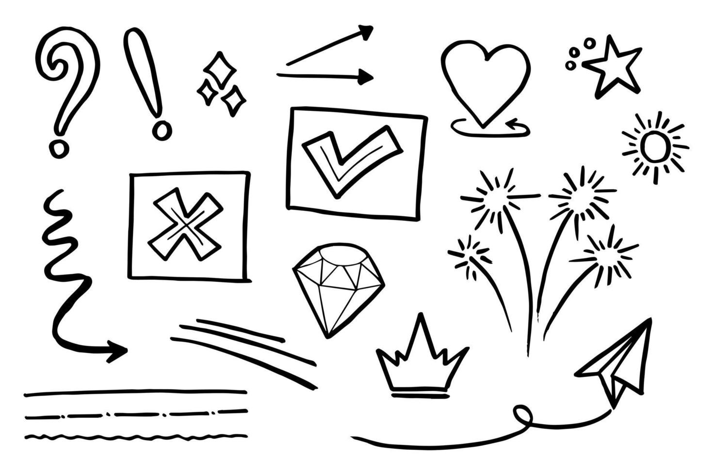 Doodle-Vektor-Set-Illustration mit Hand zeichnen Linie Kunst-Stil-Vektor. Krone, König, Sonne, Pfeil, Herz, Liebe, Stern, Wirbel, Stürze, Betonung, für Konzeptdesign vektor