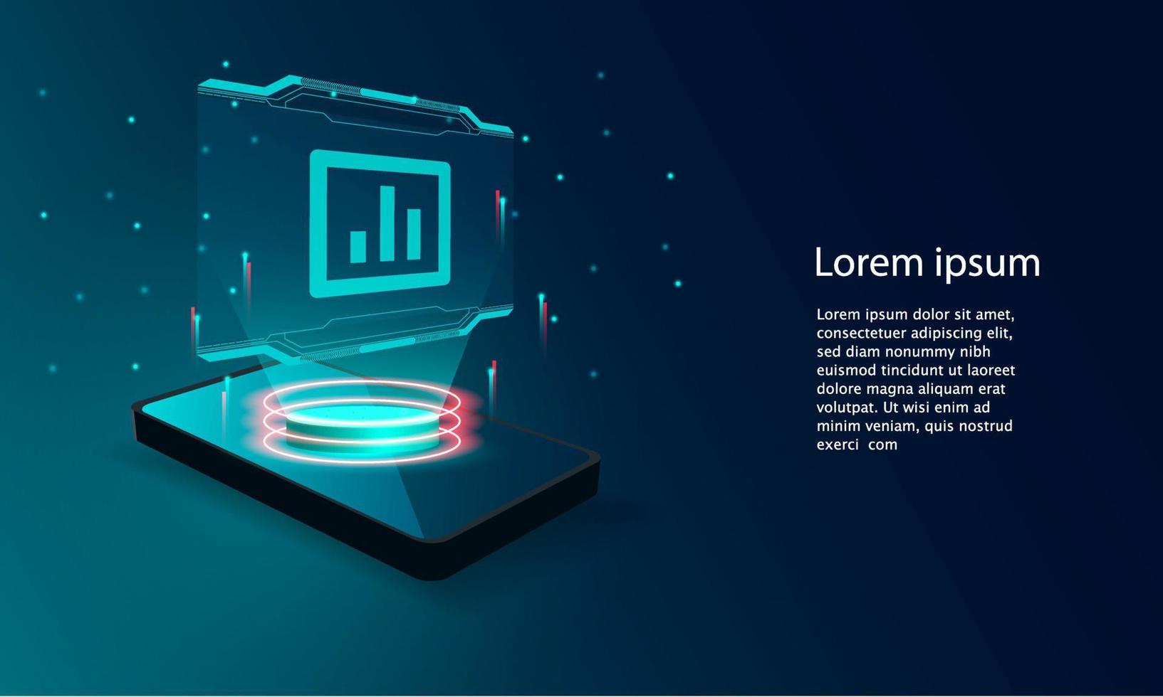 tillämpning av smartphone med affärsgraf och analysdata på isometrisk mobiltelefon. vektor