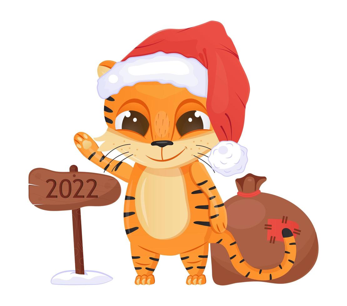 süßer Tigervektor. Frohes chinesisches neues jahr 2022 symbol. lustiges tigerkind mit großen augen und weihnachtsmütze. Weihnachtseinladungskarte. vektor