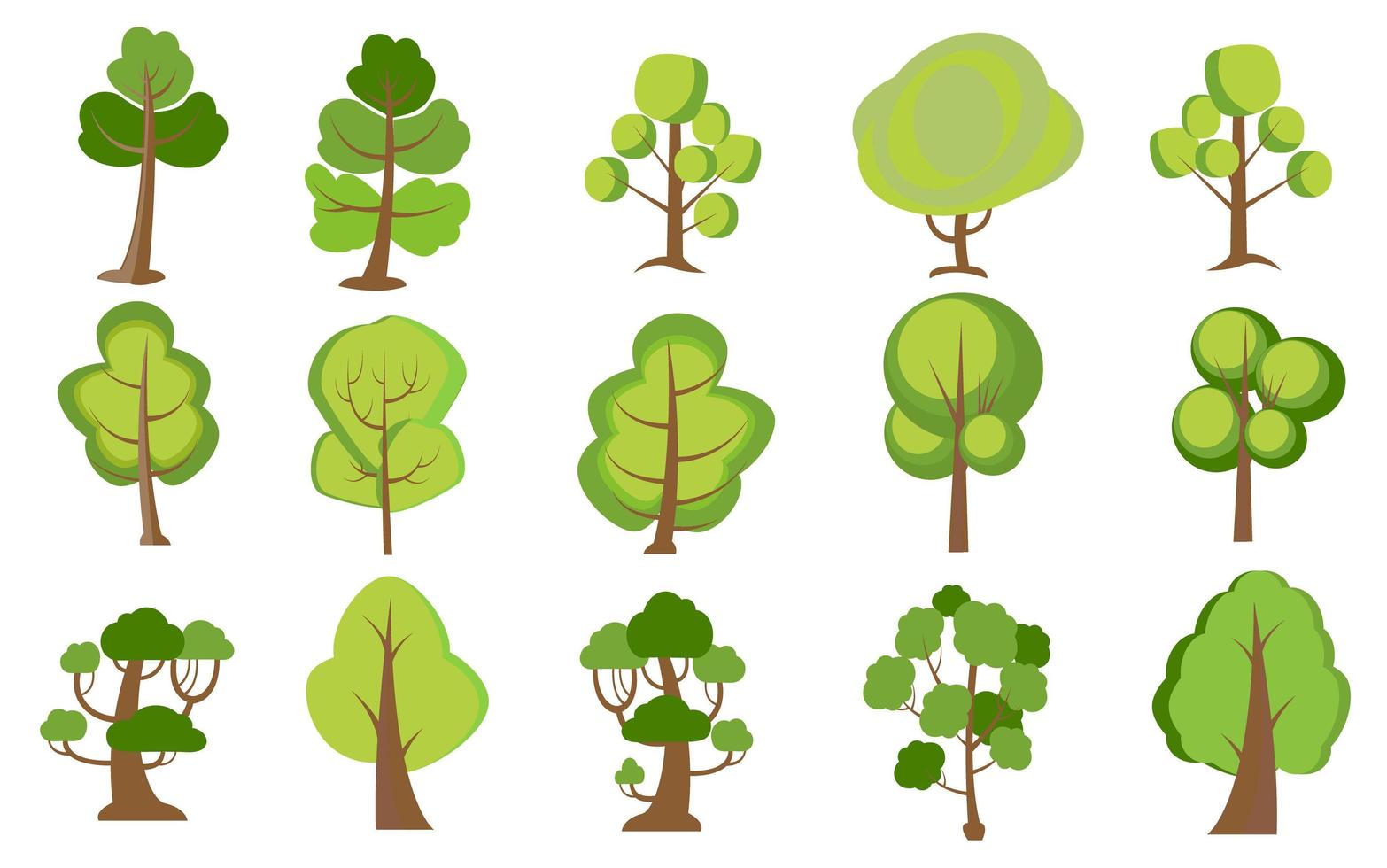 uppsättning av tecknade träd. gröna växter vektor isolerade ikoner