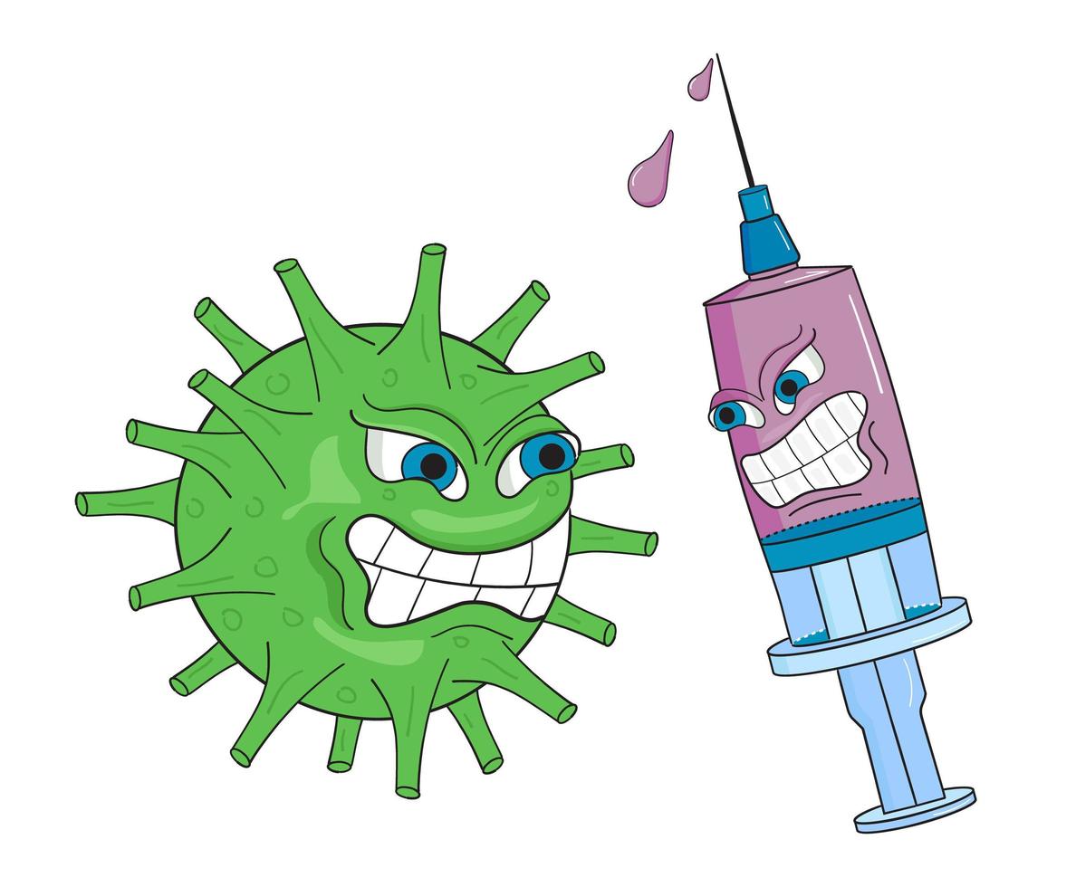 Vektor der Coronavirus-Impfung. artoon-Spritze mit einem Impfstoff und dem Covid-Virus.