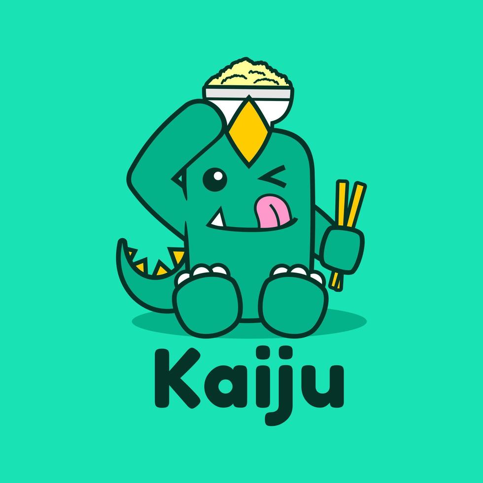 smaskig dinosaurie kaiju äta skål logotyp design vektor