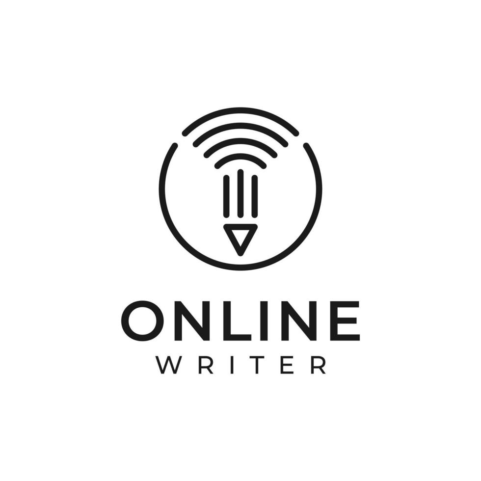 logotypdesign för onlineförfattare med pennillustration och wifi-ikon i linjekonststil isolerad på vit bakgrund vektor