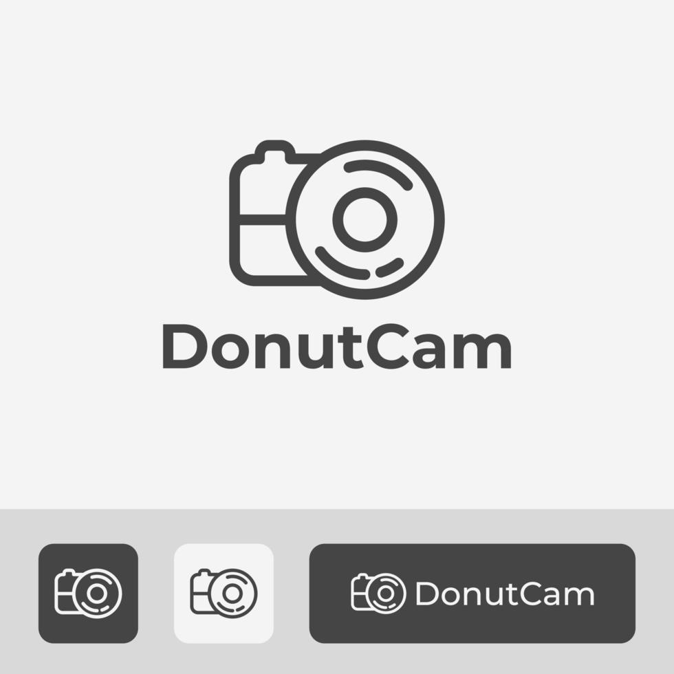 Donut- und Kamera-Logo-Vorlage, einzigartiges Bäckerei-Symbol-Logo mit minimaler Strichzeichnung, perfekt für die Lebensmittelfotografie vektor