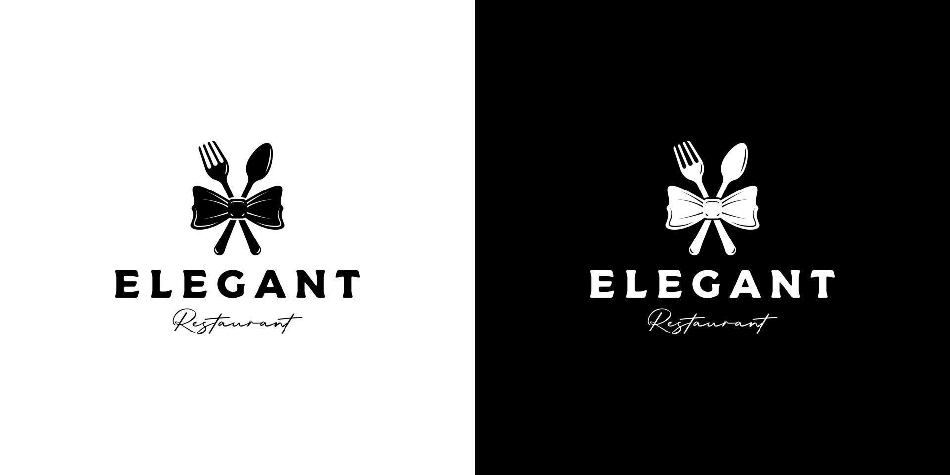 elegant, lyxig siluett restaurang logotyp design vektor med fluga, gaffel och sked