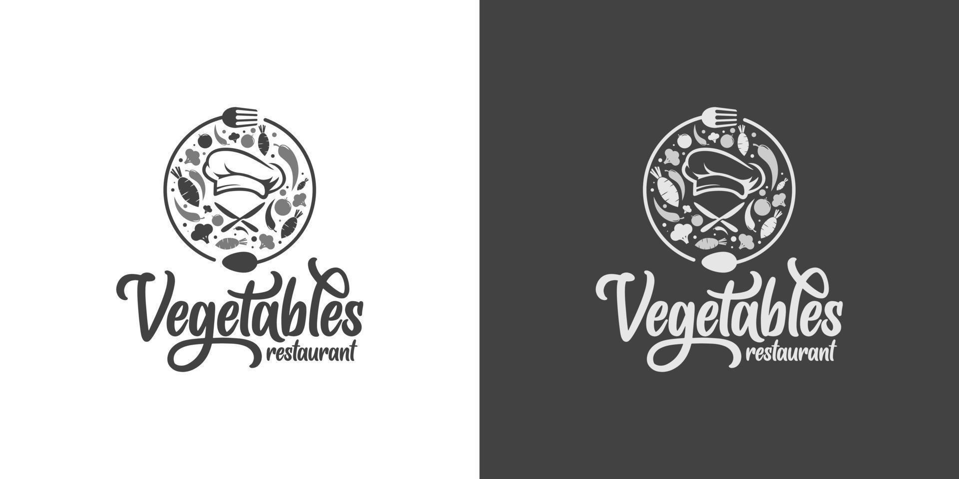 Restaurant-Logo-Design-Vektor mit Kochmütze, Tafelmesser, Gabel, Löffel und viel Gemüse herum vektor