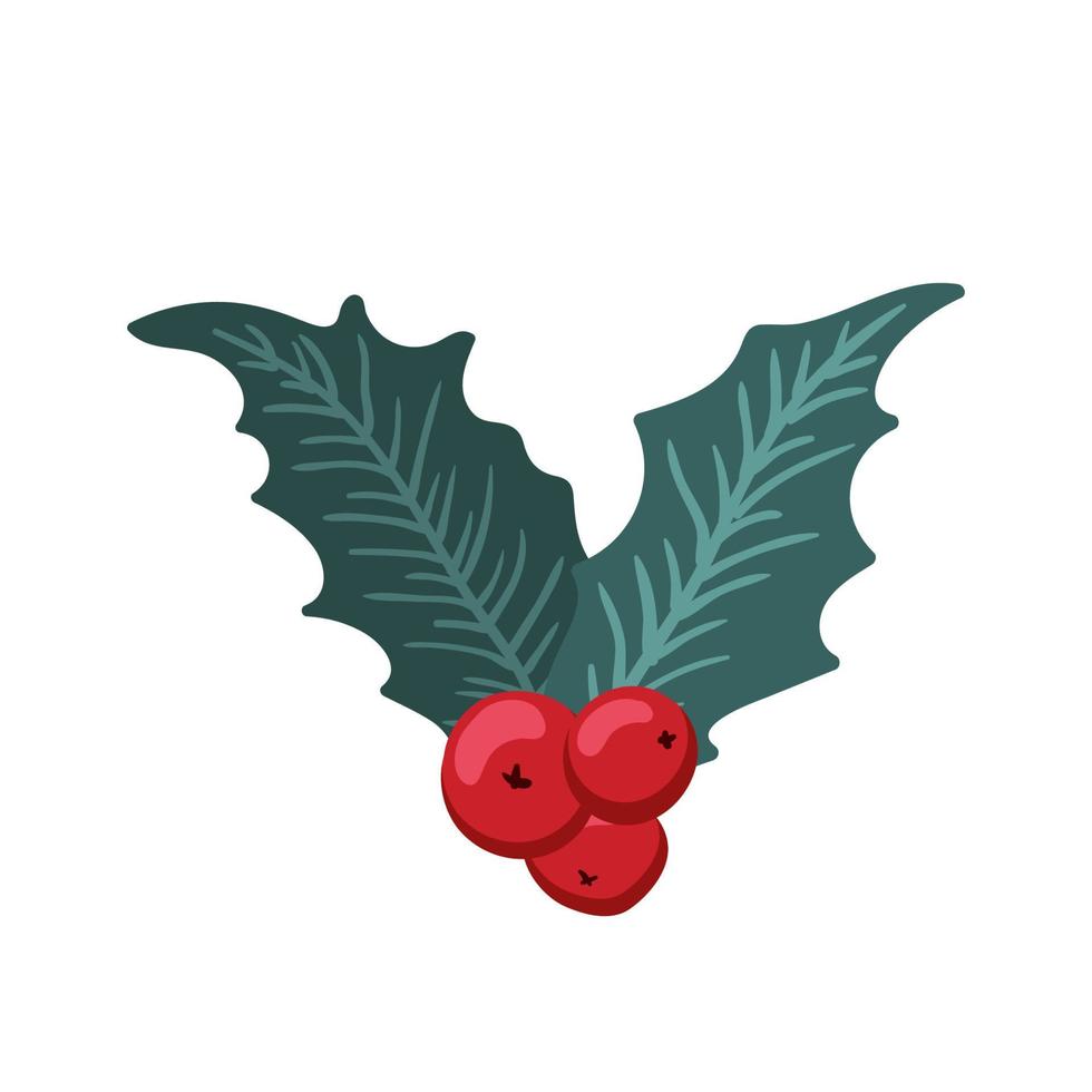 Weihnachtsstechpalmenbeere, grünes Blatt, rote Beere, Äste, Zweige. Vektorwinterillustration lokalisiert auf weißem Hintergrund für Weihnachtskarten und dekoratives Design. vektor