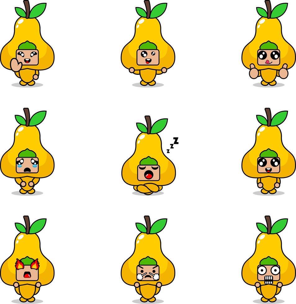 Vektor-Illustration von Cartoon-Charakter-Maskottchen-Kostüm-Set von Birnenfrucht-Ausdrucksbündeln vektor