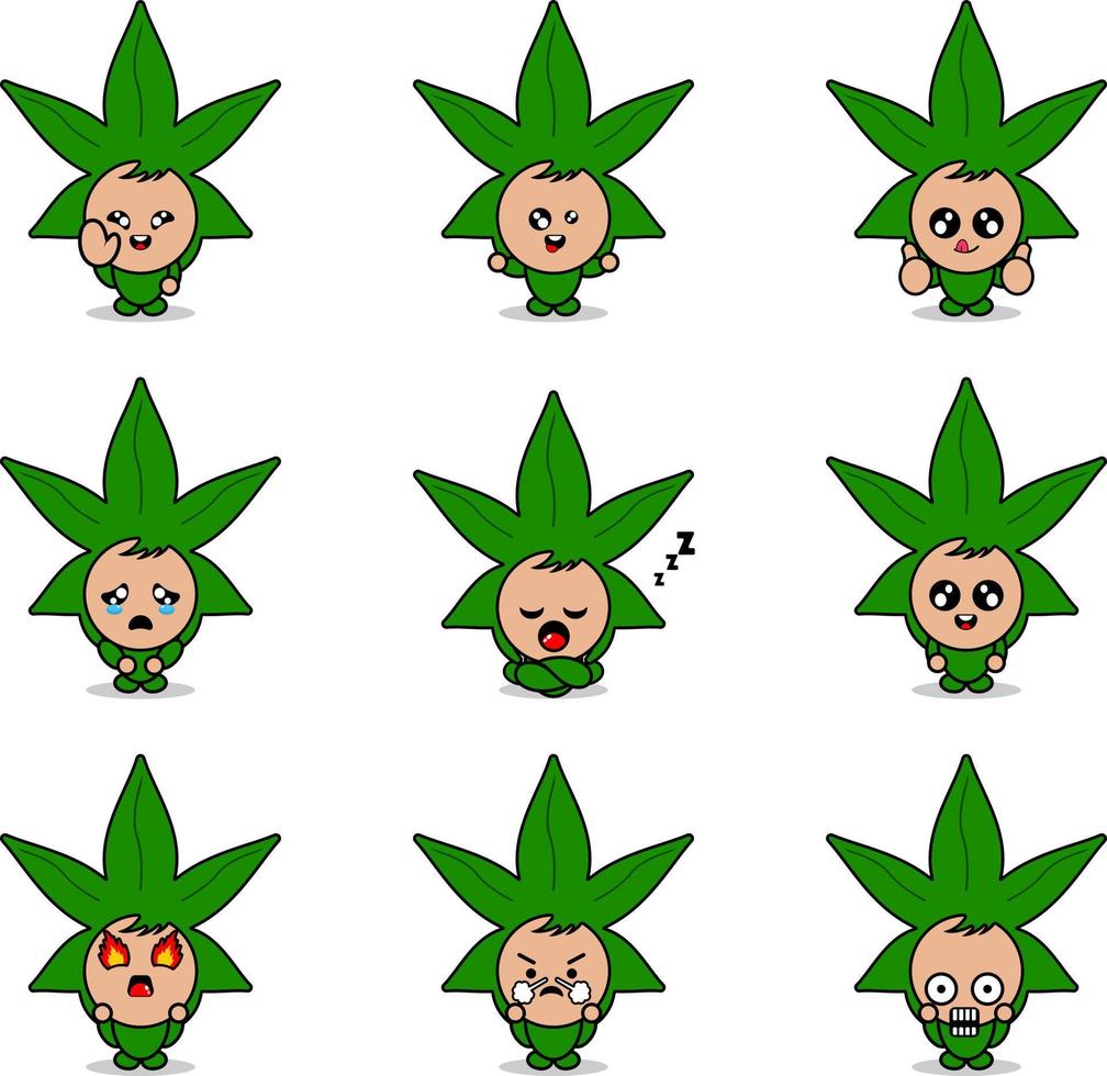 Vektor-Illustration von Zeichentrickfigur Maskottchen Kostüm Set Bundle Marihuana Blatt Ausdruck vektor