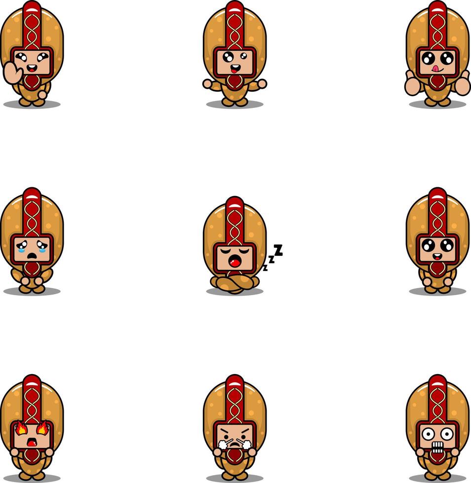 Cartoon Charakter Vektor Illustration Maskottchen Kostüm Set Hot Dog Essen Ausdruck Bündel