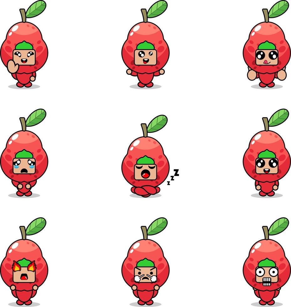 Vektor-Illustration von Cartoon-Charakter-Maskottchen-Kostüm-Set von Wasser-Guave-Frucht-Ausdrucksbündeln vektor
