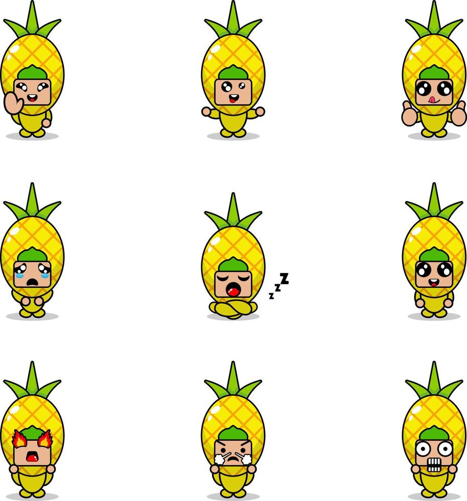 vektor illustration av seriefigur maskot kostym uppsättning ananas frukt uttryck bunt