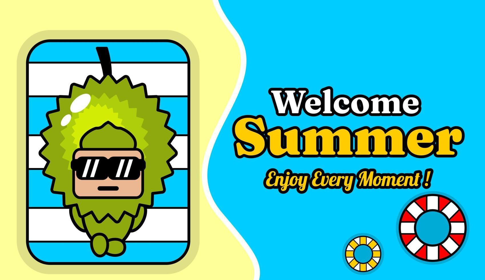 Sommerstrand- und Sandhintergrunddesign mit Text genießen Sie jeden Moment, mit Durianfrucht-Maskottchenkostüm entspannend vektor