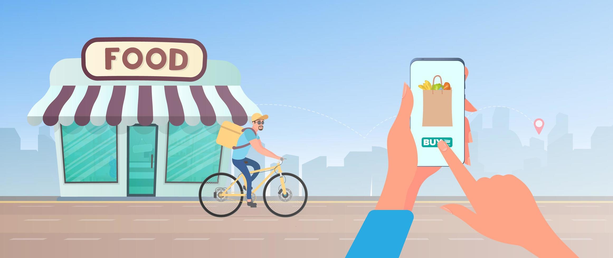 Essen zu Hause bestellen. Der Typ hat Glück, Essen auf dem Fahrrad zu bestellen. Hand hält Smartphone. Hauszustellung, Lieferkonzept. Vektor. vektor