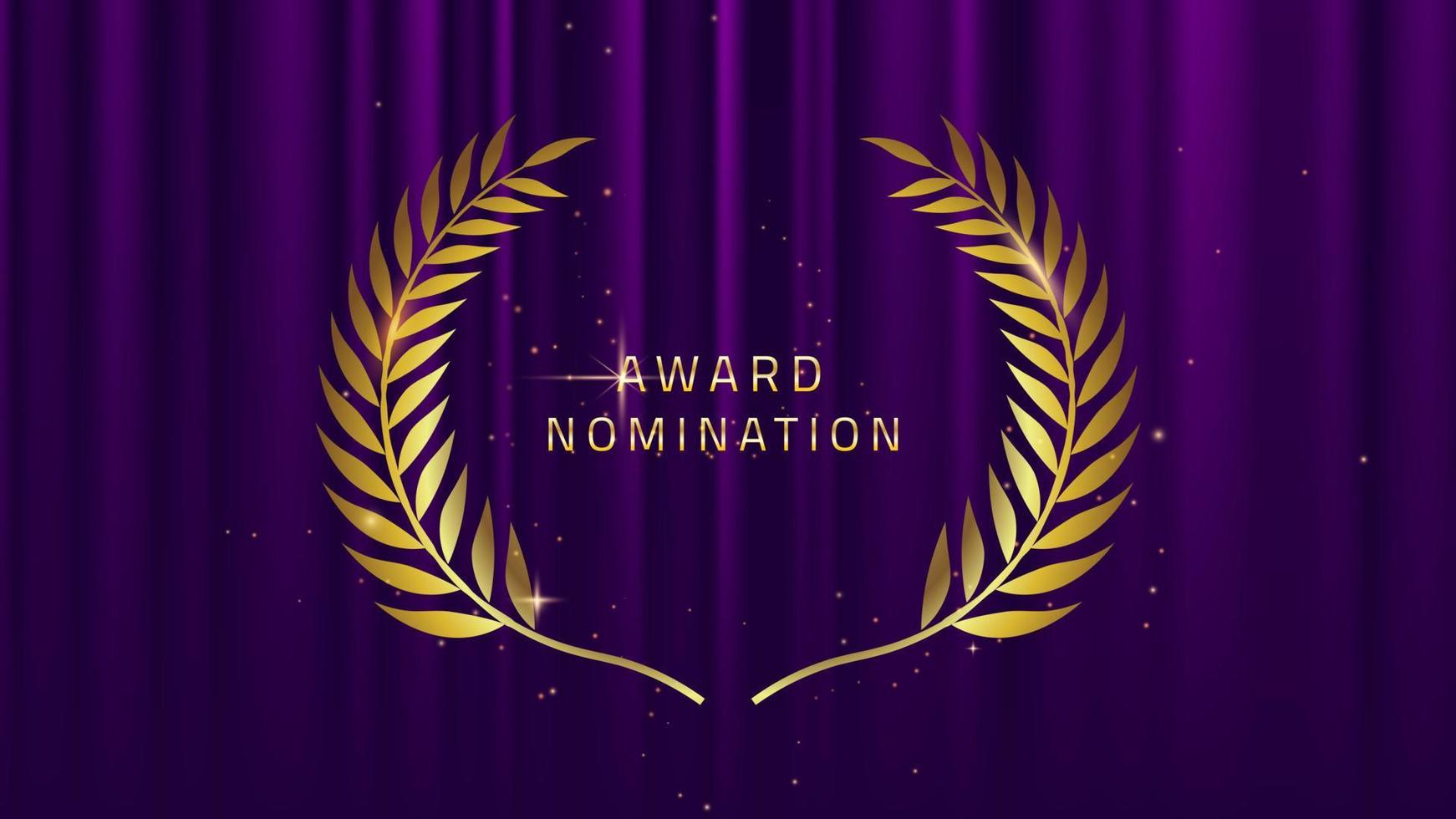 lila Award-Glitter-Hintergrund mit goldenem Lorbeerkranz. Gewinner-Banner für die Nominierung. realistische seide abstrakte stoffstruktur. lila Vorhang mit goldenen Blättern. vektor