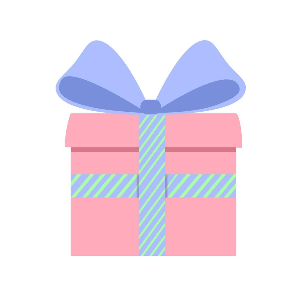 Geschenk in einer rosa Schachtel mit einem blau gestreiften Band. Überraschen Sie mit einer schönen Schleife. flacher Stil. für ein Logo, Banner oder eine Postkarte. vektor