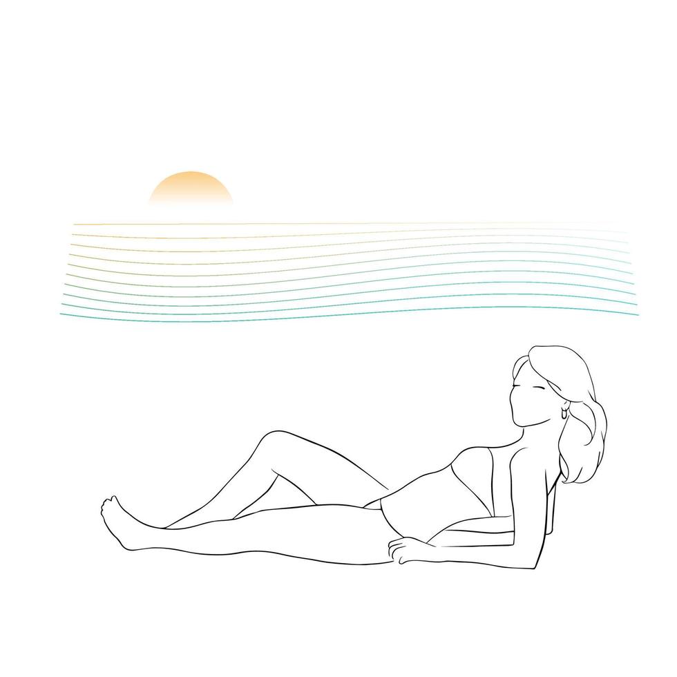 kontinuerlig linjeteckning. vacker kvinna liggande på stranden. vektor illustration.