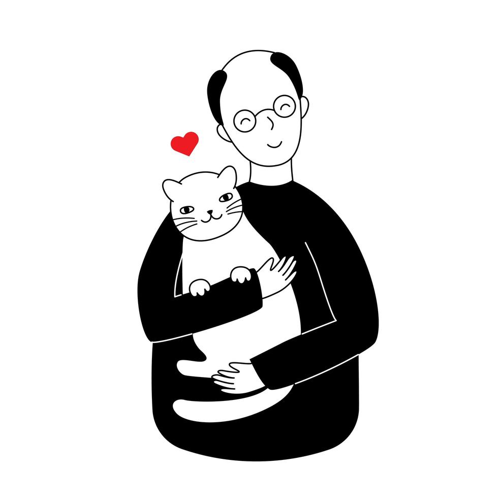 Großvater umarmt eine Katze, Vektorgrafik im flachen Stil. alter mann und sein tier haustier vektor