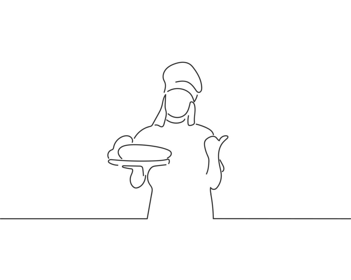Frauenbäcker, die einen Tisch mit mehreren Brotstrichzeichnungen oder einer durchgehenden einzeiligen Illustration halten vektor