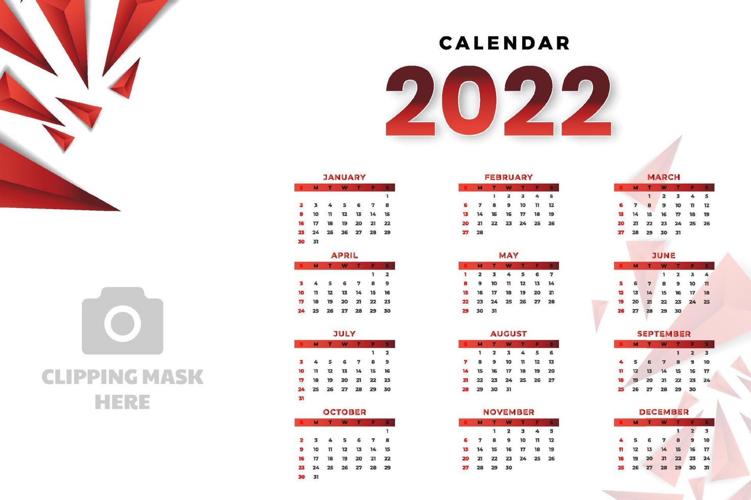 månatlig kalendermall för 2022 år. veckan börjar på söndag. väggkalender i minimalistisk stil. vektor