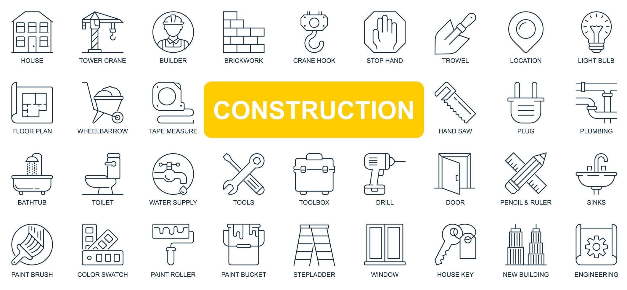 konstruktion koncept enkel linje ikoner set. packa konturpiktogram av hus, tornkran, byggare, plats, leverans, verktyg, skottkärra och annat. vektorsymboler för webbdesign och mobilappdesign vektor