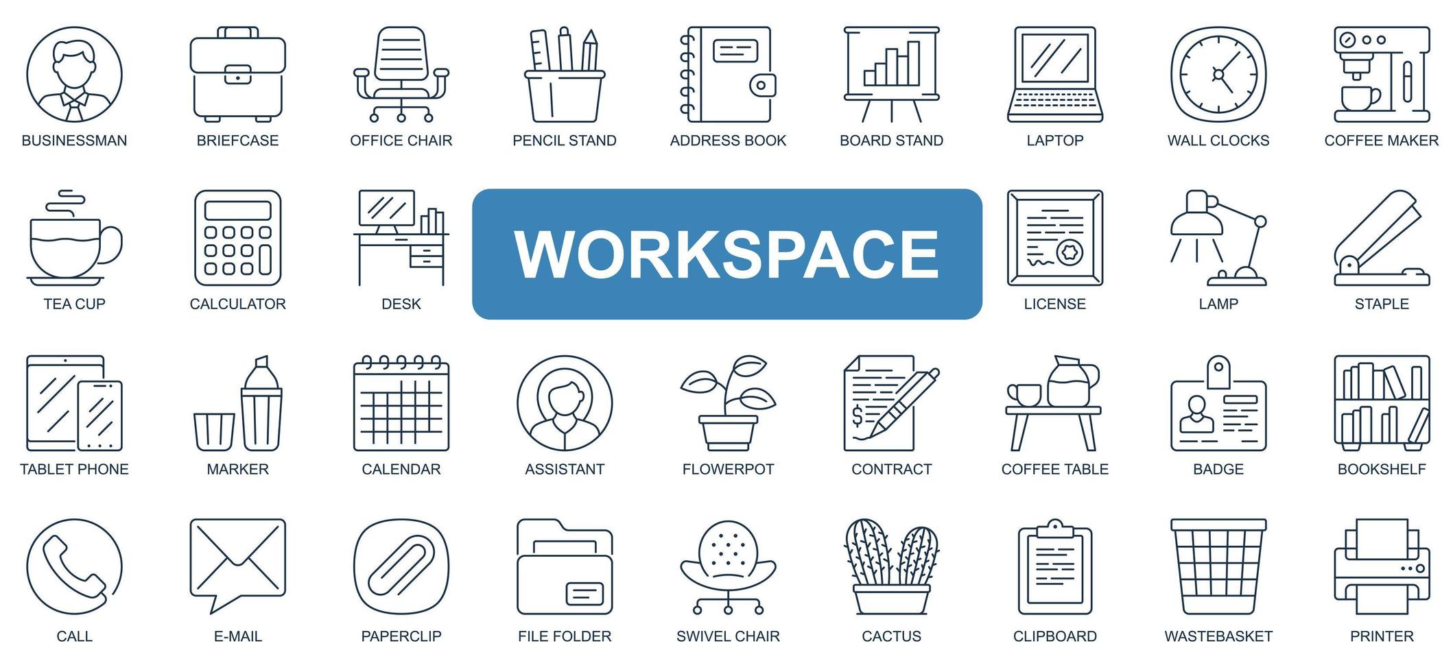 arbetsyta koncept enkel linje ikoner set. packa konturpiktogram av affärsman, portfölj, kontor, e-post, bok, bärbar dator, kaffe, miniräknare och annat. vektorsymboler för webbdesign och mobilappdesign vektor