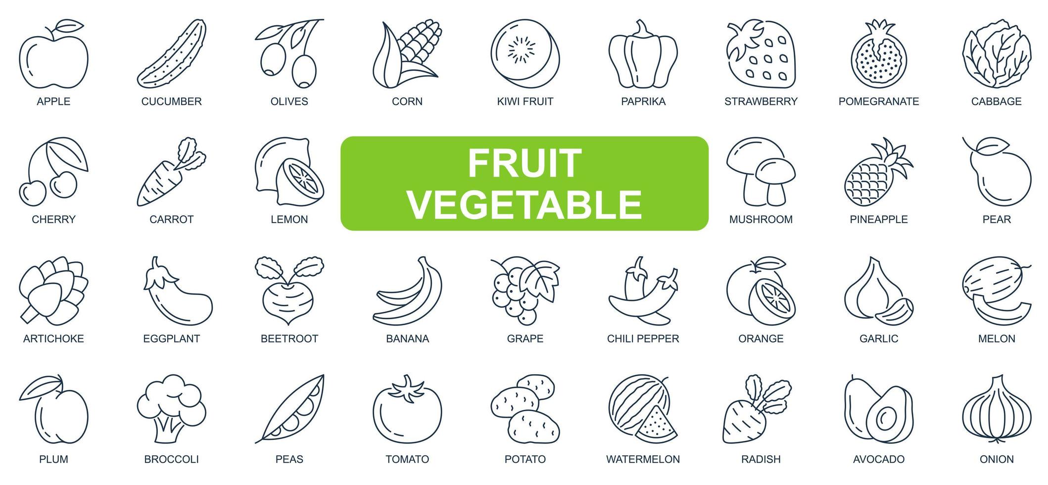 Obst und Gemüse Konzept einfache Linie Icons Set. Packen Sie Umrisspiktogramme von Apfel, Gurke, Banane, Karotte, Tomate, Kartoffel, Wassermelone und anderen. Vektorsymbole für Website- und mobile App-Design vektor