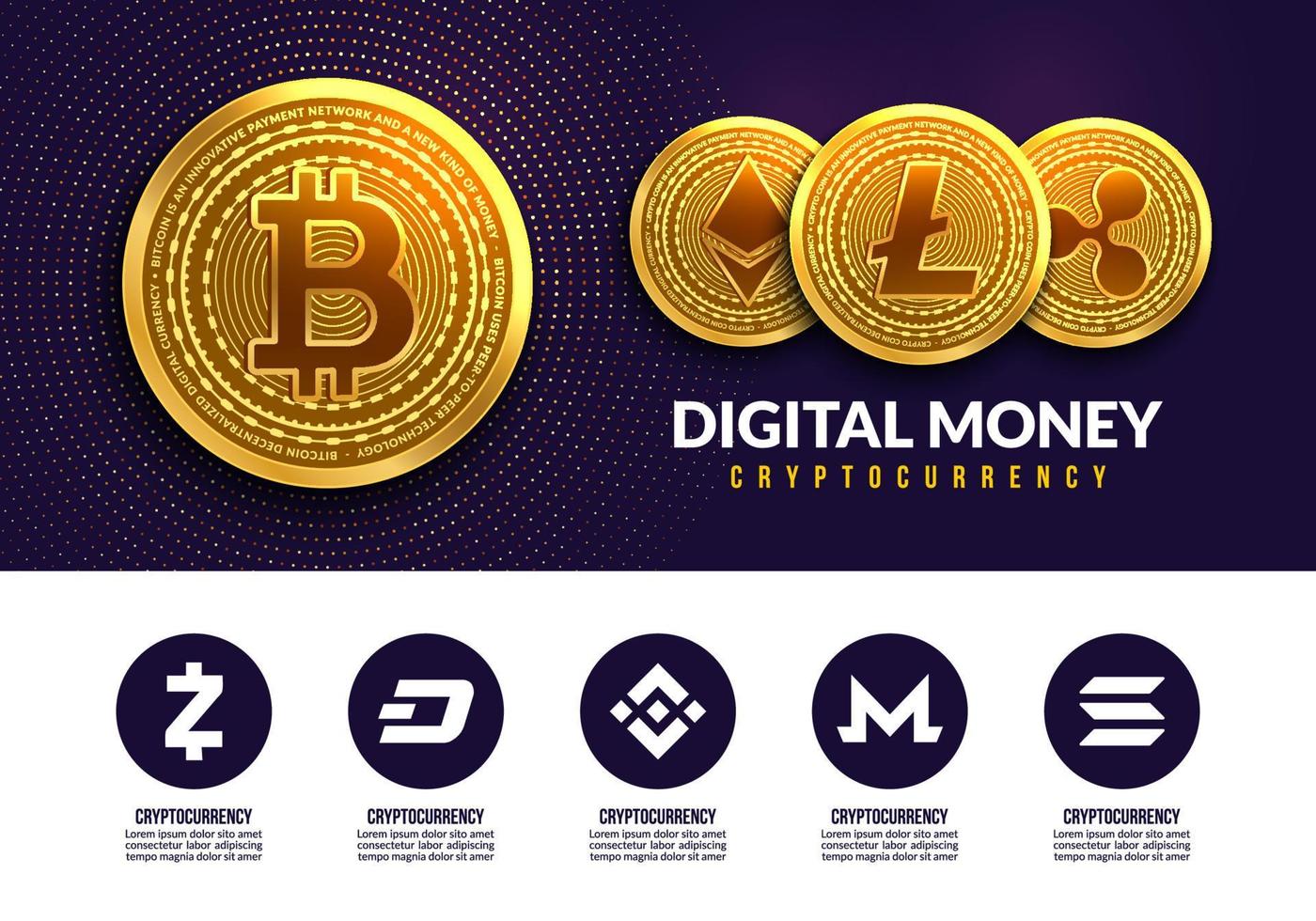 kryptovaluta utbyte av blockkedjeteknik infographic, bitcoin digitala pengar framtida finansiell bakgrund vektor