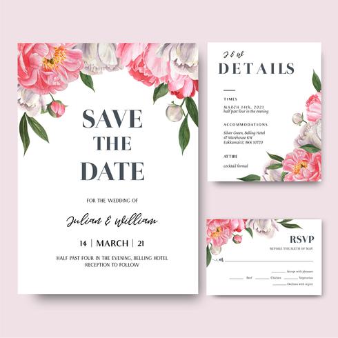 Rosa Pfingstrose blüht Aquarellblumensträuße-Einladungskarte, außer dem Datum und wedding Einladungskartendesign Illustrationsvektor vektor